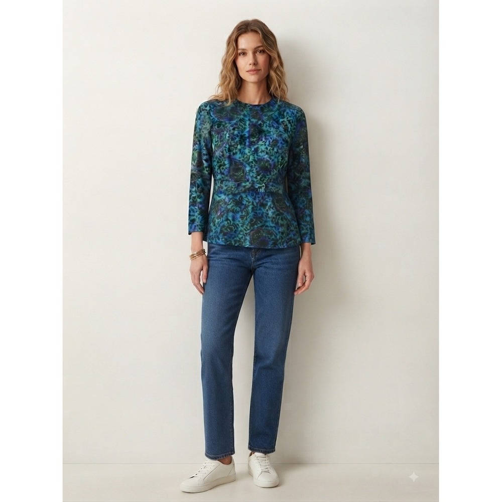 Vintage 60s/70s LAiglon Teal Floral Paisley Knit Blouse 3/4 Sleeve Top Size 10